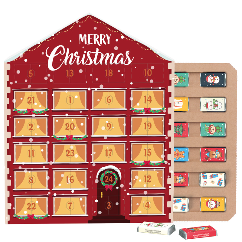Täfelchen Adventskalender Haus ECO, Papierblister, Alpenmilch-Schokotäfelchen