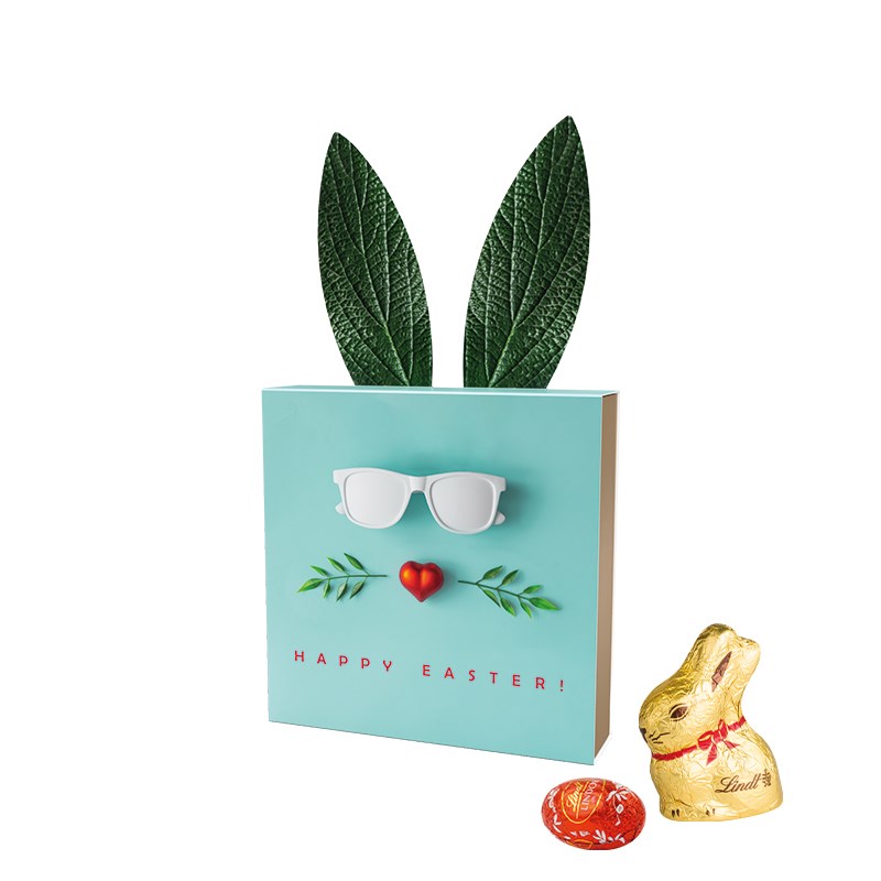 Lindt Präsent im Werbeschuber "Hasenohren", Kleine Kostbarkeiten Goldhase